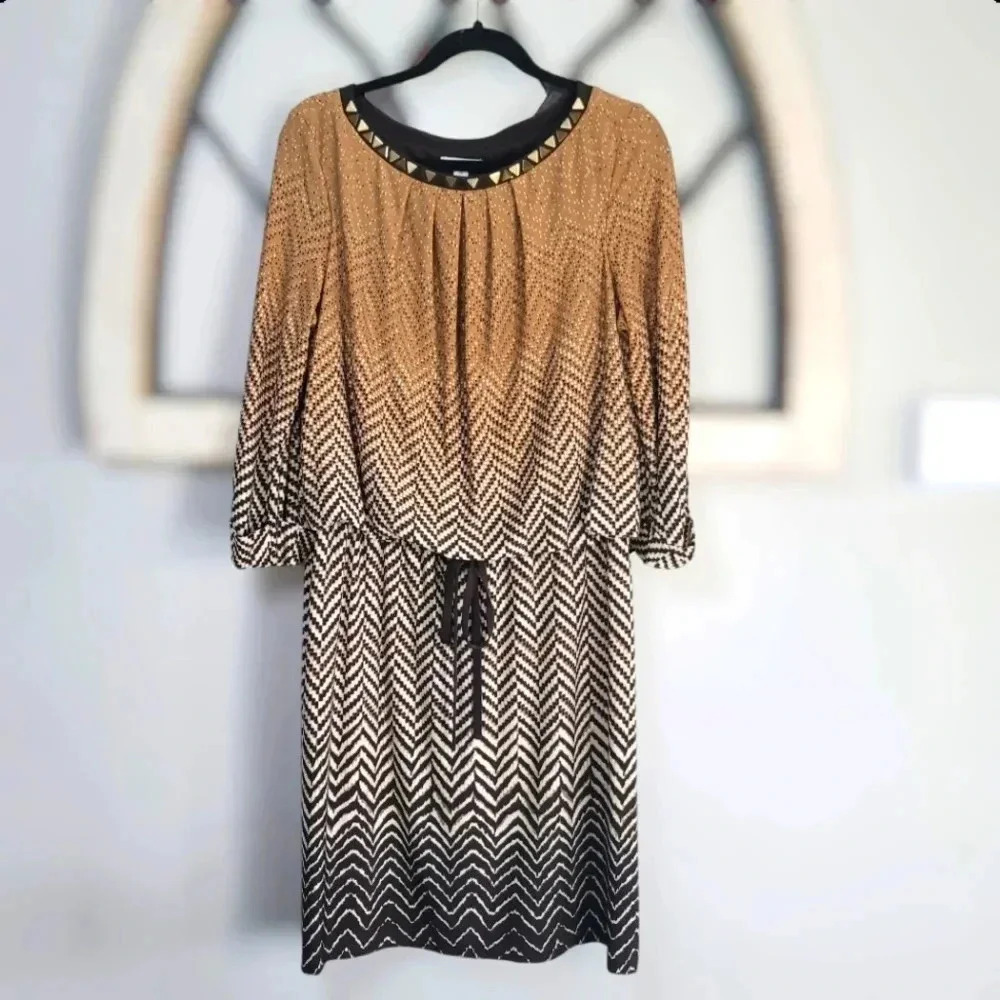 London Times Blouson/Drawstring Shift Dress With 3/4 Buttoned Sleeve,Size 14 - Picture 2 of 6